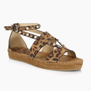 Jimmy Choo 7 Denise Pearl Embellished Leopard Print Leather Espadrille Sandals
